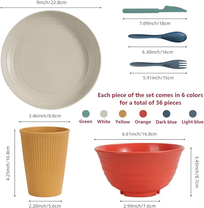 Wheat Straw Dinnerware Sets - 36 Piece Unbreakable Dinnerware Sets, Reusable Wheat Straw Plates and Bowls Sets, Travel Camping Cutlery Set, Dishwasher Microwave Safe Dinnerware Colourful