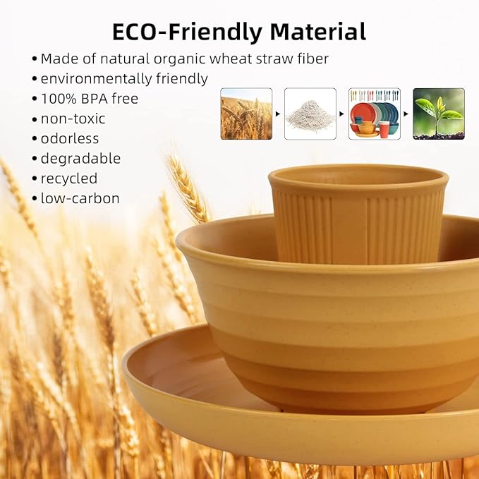 Wheat Straw Dinnerware Sets - 36 Piece Unbreakable Dinnerware Sets, Reusable Wheat Straw Plates and Bowls Sets, Travel Camping Cutlery Set, Dishwasher Microwave Safe Dinnerware Colourful