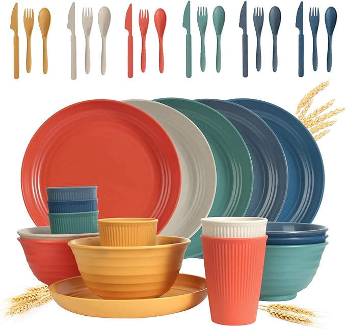 Wheat Straw Dinnerware Sets - 36 Piece Unbreakable Dinnerware Sets, Reusable Wheat Straw Plates and Bowls Sets, Travel Camping Cutlery Set, Dishwasher Microwave Safe Dinnerware Colourful