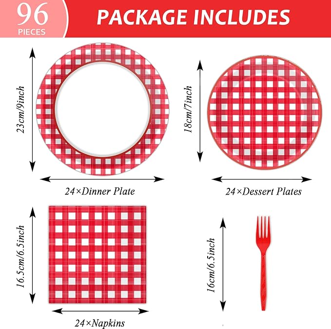 96 PCS Picnic Party Plates Red and White Gingham Checkered Plaid Party Tableware Barbecue Disposable Paper Plates Napkins Forks Birthday Party Decorations Supplies Favors for 24 Guests
