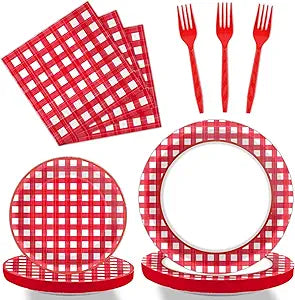 96 PCS Picnic Party Plates Red and White Gingham Checkered Plaid Party Tableware Barbecue Disposable Paper Plates Napkins Forks Birthday Party Decorations Supplies Favors for 24 Guests