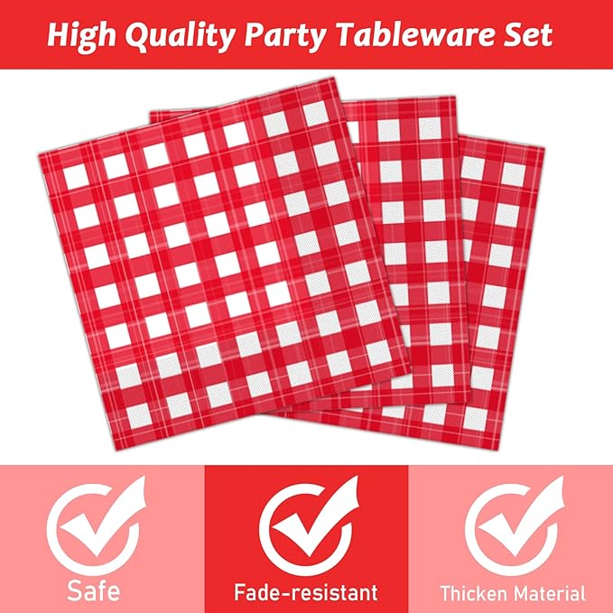 96 PCS Picnic Party Plates Red and White Gingham Checkered Plaid Party Tableware Barbecue Disposable Paper Plates Napkins Forks Birthday Party Decorations Supplies Favors for 24 Guests