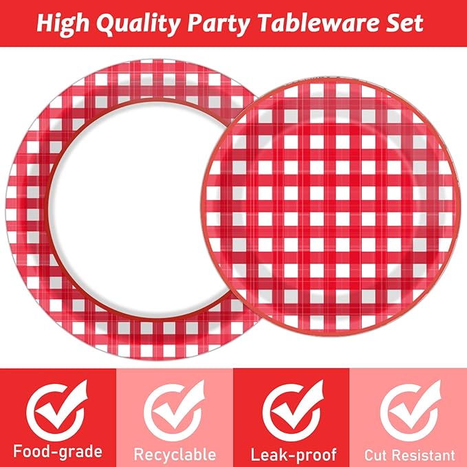 96 PCS Picnic Party Plates Red and White Gingham Checkered Plaid Party Tableware Barbecue Disposable Paper Plates Napkins Forks Birthday Party Decorations Supplies Favors for 24 Guests