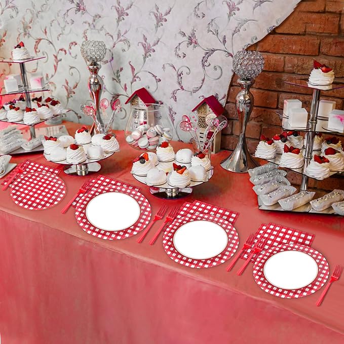 96 PCS Picnic Party Plates Red and White Gingham Checkered Plaid Party Tableware Barbecue Disposable Paper Plates Napkins Forks Birthday Party Decorations Supplies Favors for 24 Guests