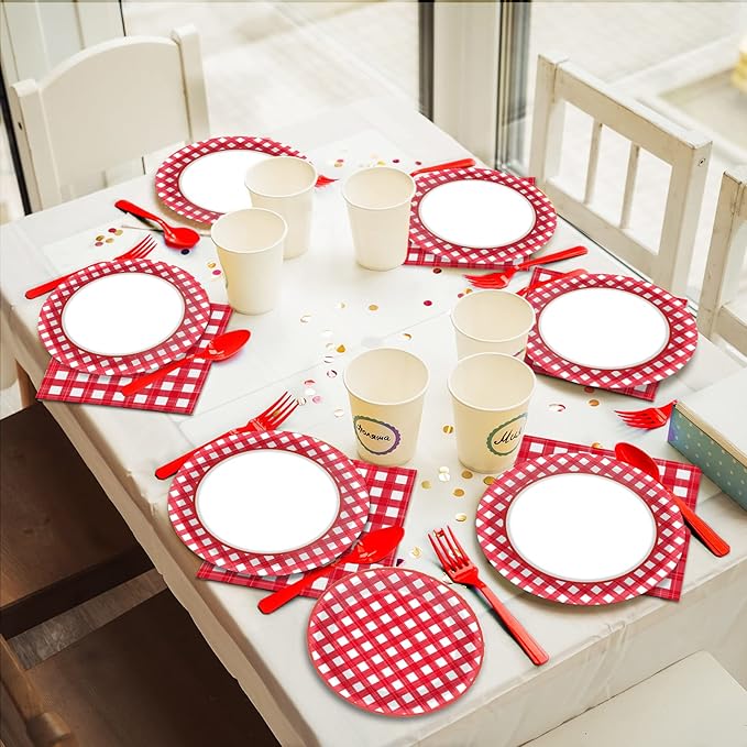 96 PCS Picnic Party Plates Red and White Gingham Checkered Plaid Party Tableware Barbecue Disposable Paper Plates Napkins Forks Birthday Party Decorations Supplies Favors for 24 Guests